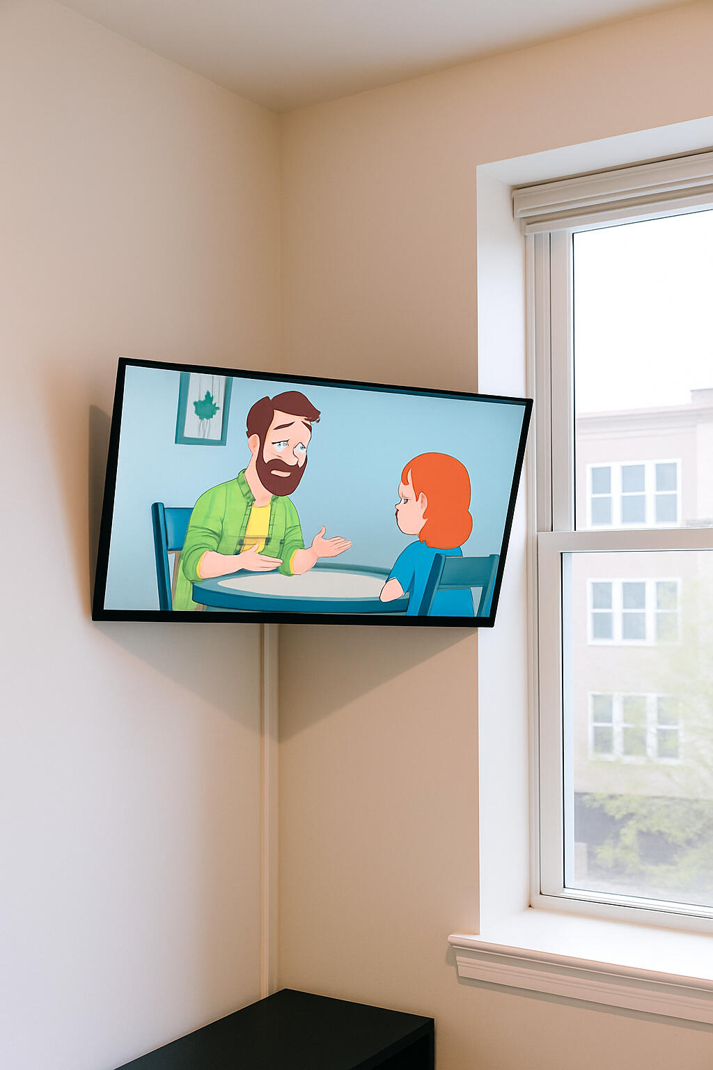 50 inch Smart TV Mounted in Corner Near Window with White strip cover molding samsung tv mounted on full motion tv bracker