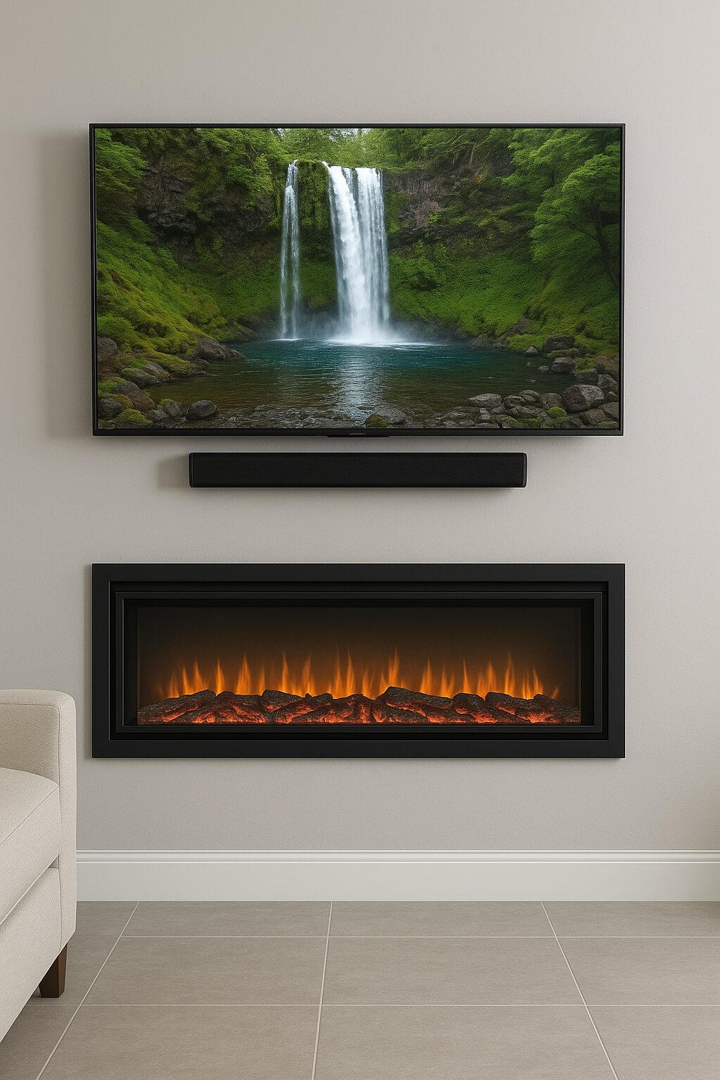 tcl 65 inch sonos beam sound bar electrical fire place tv with sound bar wires hidden behind dry wall with metal studs